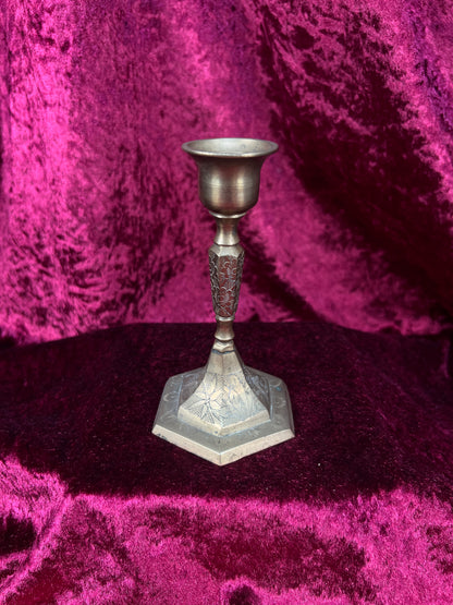 Vintage Brass Candlestick Holders - Etched Floral Hexagonal Pair - 5"