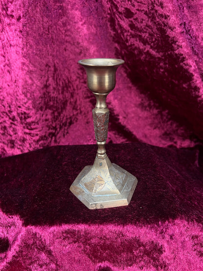 Vintage Brass Candlestick Holders - Etched Floral Hexagonal Pair - 5"
