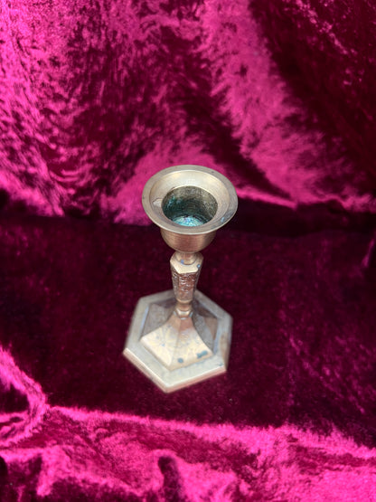 Vintage Brass Candlestick Holders - Etched Floral Hexagonal Pair - 5"