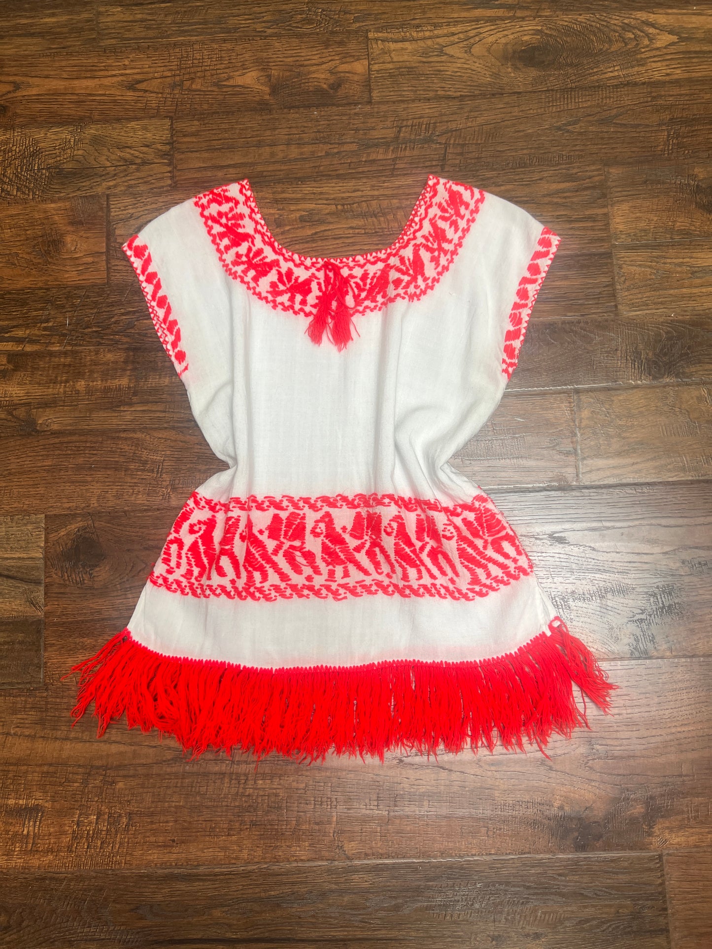 Vintage Clothing - Embroidered Tunic Top - Neon Red And White - Medium