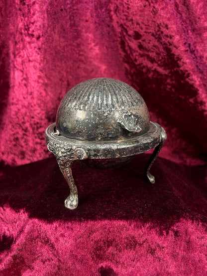 Vintage Silverplate Roll Top Caviar Butter Dish - Lion Head Feet