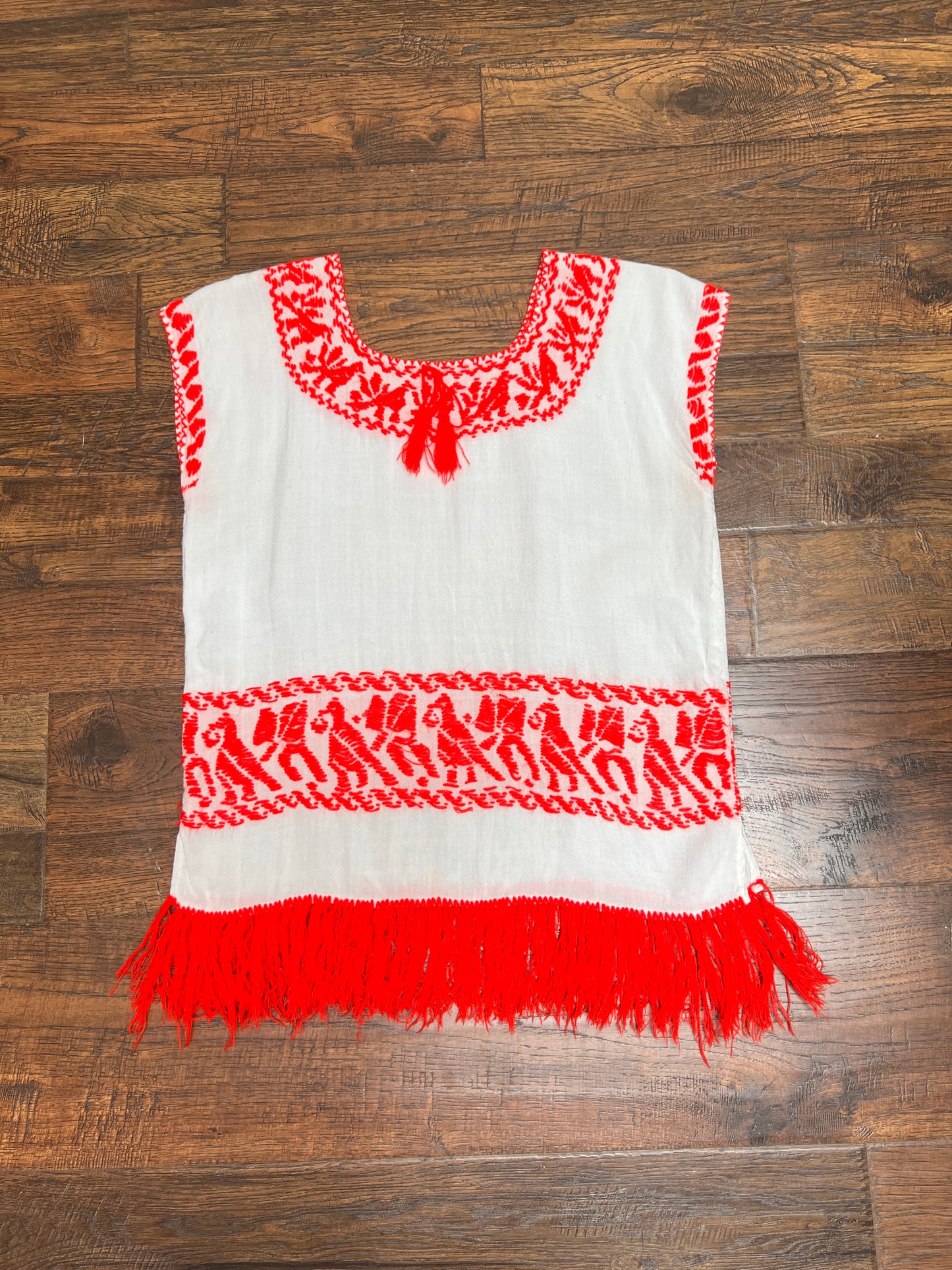 Vintage Clothing - Embroidered Tunic Top - Neon Red And White - Medium