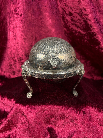 Vintage Silverplate Roll Top Caviar Butter Dish - Lion Head Feet