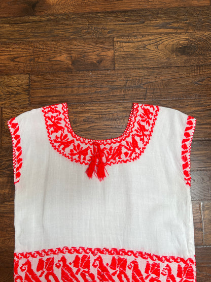 Vintage Clothing - Embroidered Tunic Top - Neon Red And White - Medium