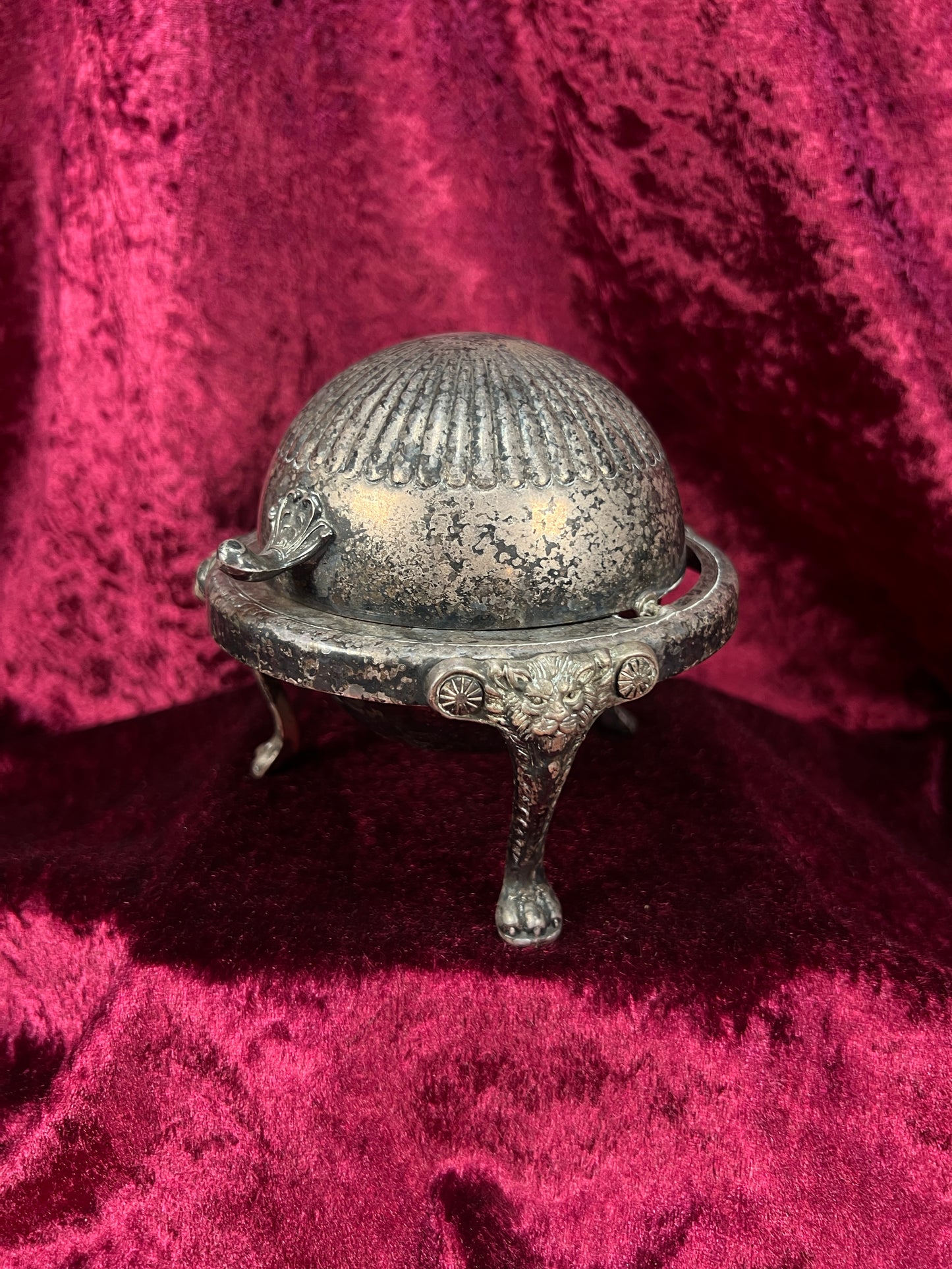 Vintage Silverplate Roll Top Caviar Butter Dish - Lion Head Feet