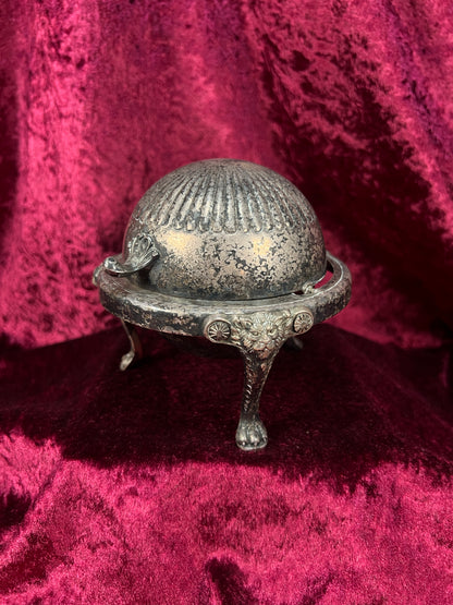 Vintage Silverplate Roll Top Caviar Butter Dish - Lion Head Feet