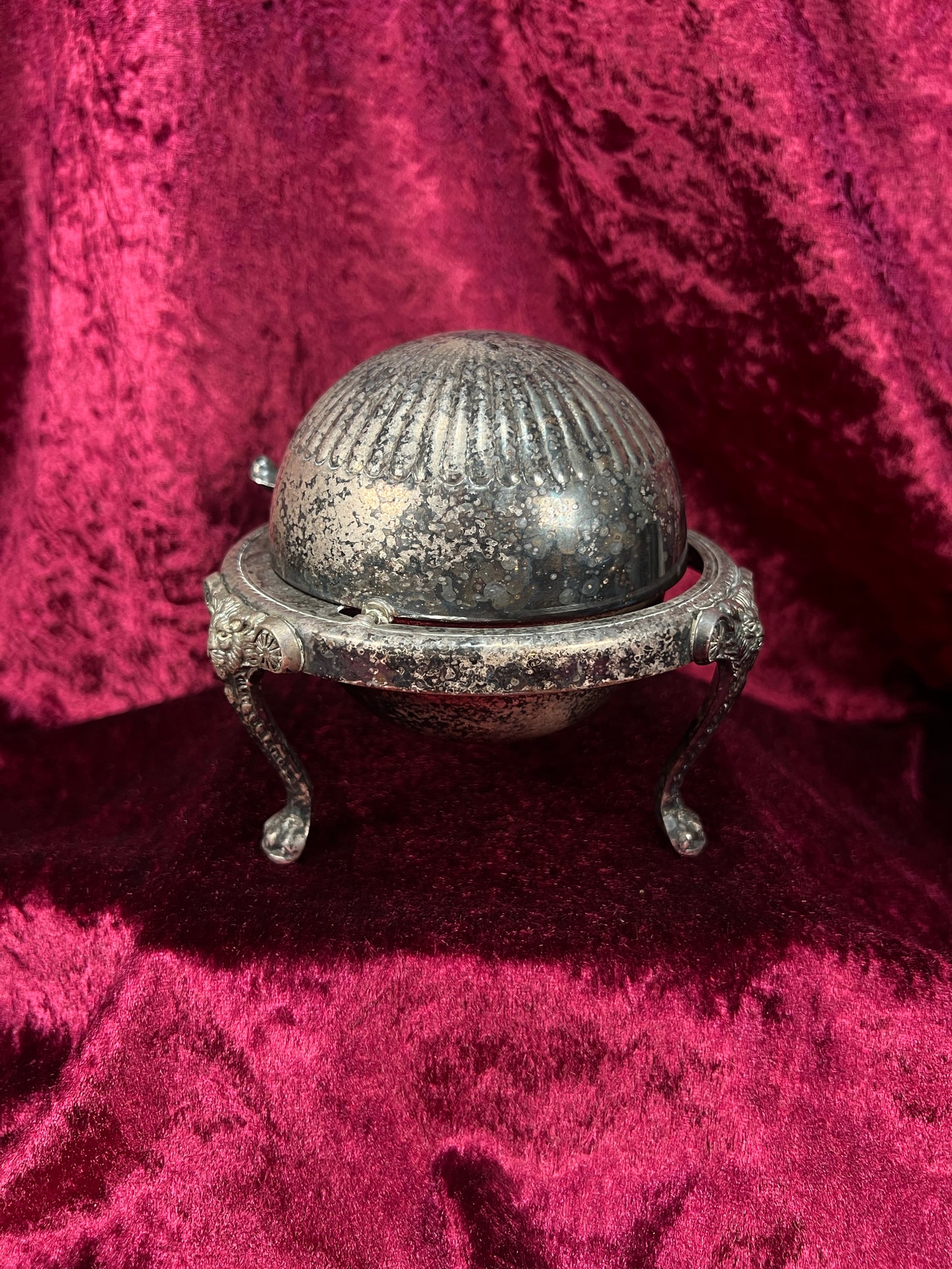 Vintage Silverplate Roll Top Caviar Butter Dish - Lion Head Feet