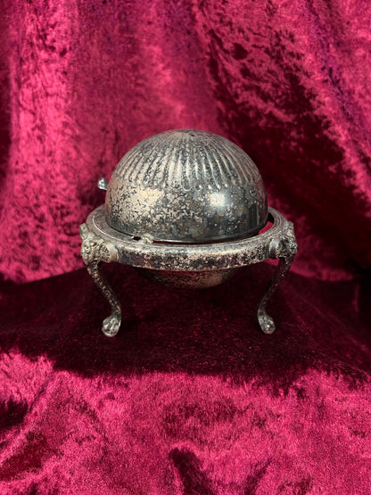 Vintage Silverplate Roll Top Caviar Butter Dish - Lion Head Feet