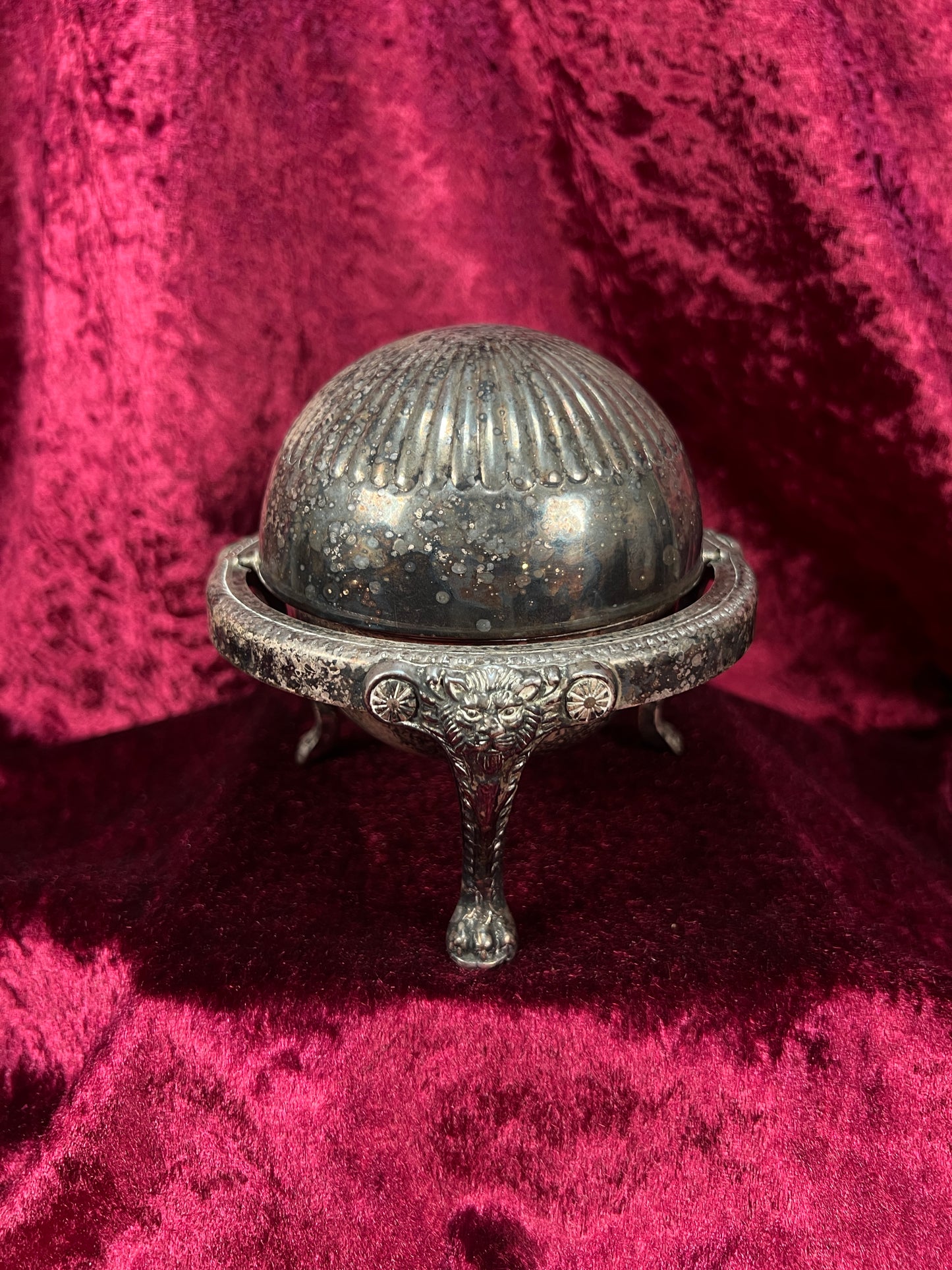 Vintage Silverplate Roll Top Caviar Butter Dish - Lion Head Feet