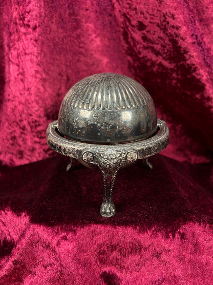 Vintage Silverplate Roll Top Caviar Butter Dish - Lion Head Feet