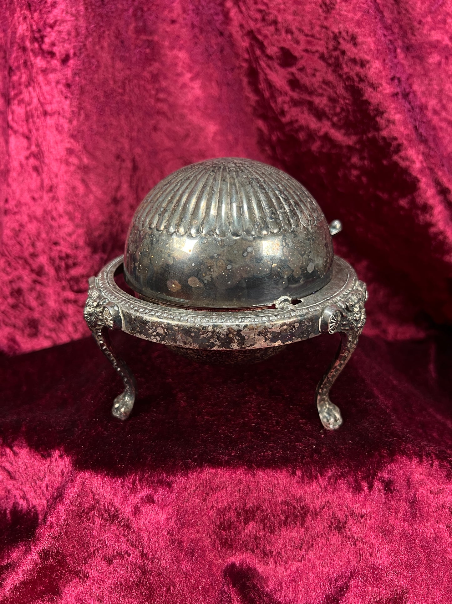 Vintage Silverplate Roll Top Caviar Butter Dish - Lion Head Feet