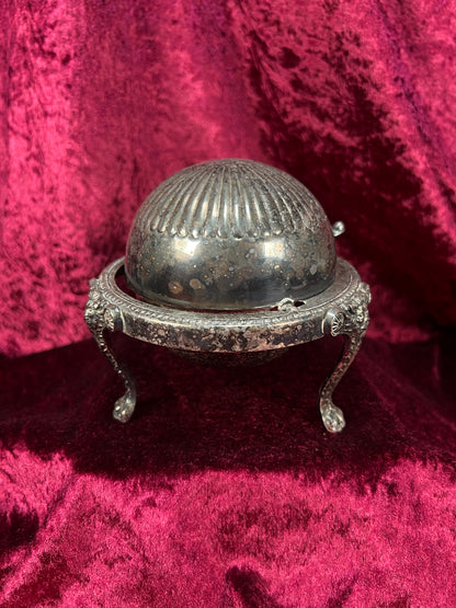 Vintage Silverplate Roll Top Caviar Butter Dish - Lion Head Feet