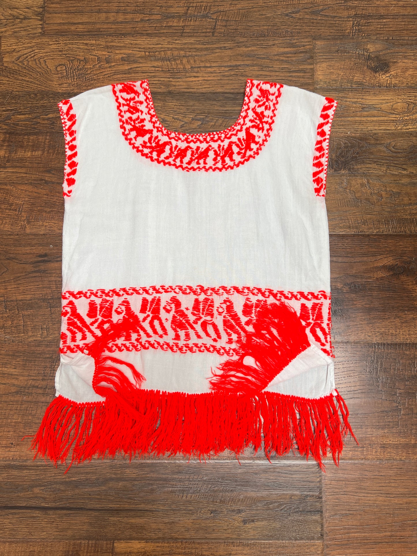 Vintage Clothing - Embroidered Tunic Top - Neon Red And White - Medium