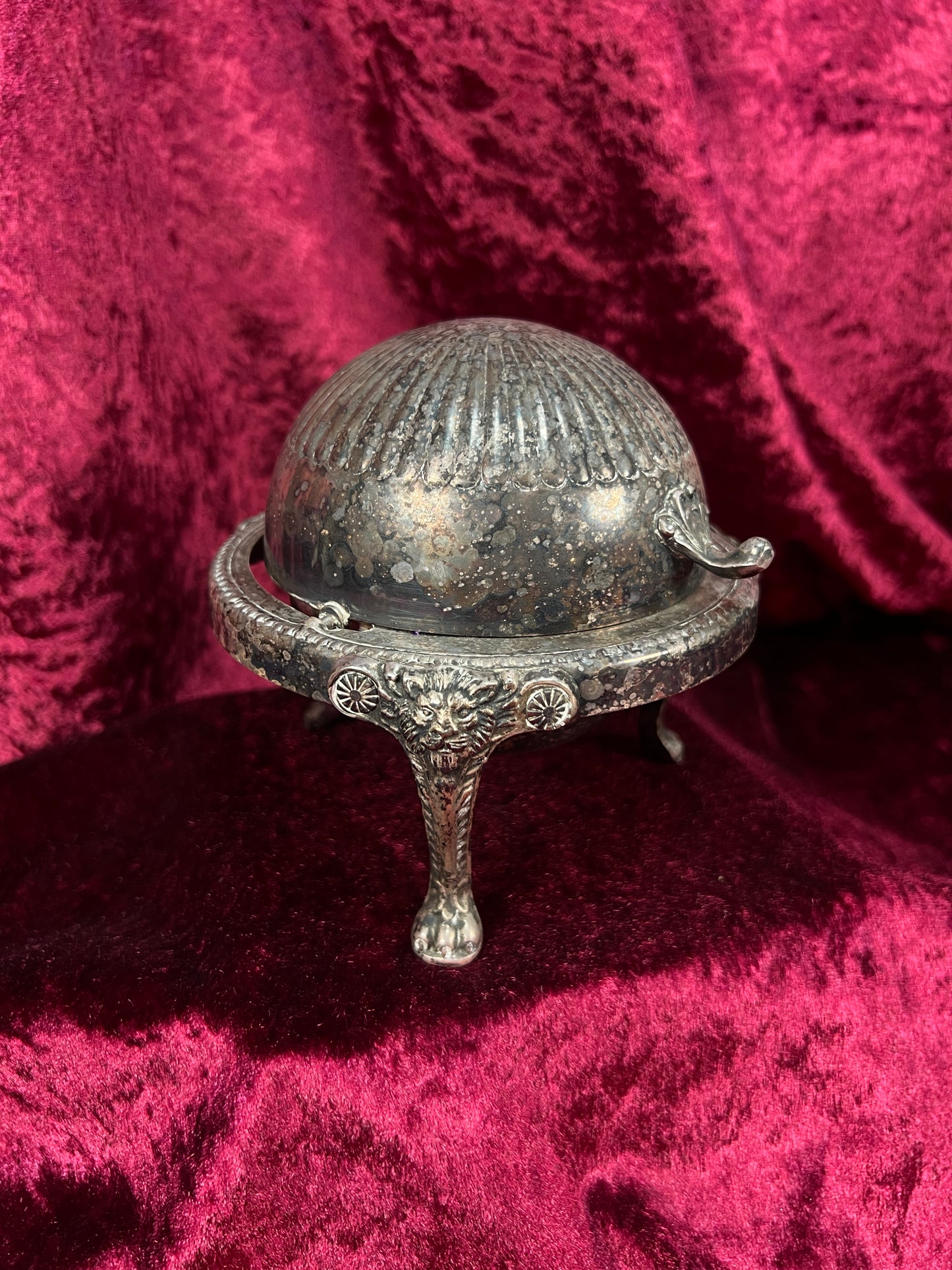 Vintage Silverplate Roll Top Caviar Butter Dish - Lion Head Feet
