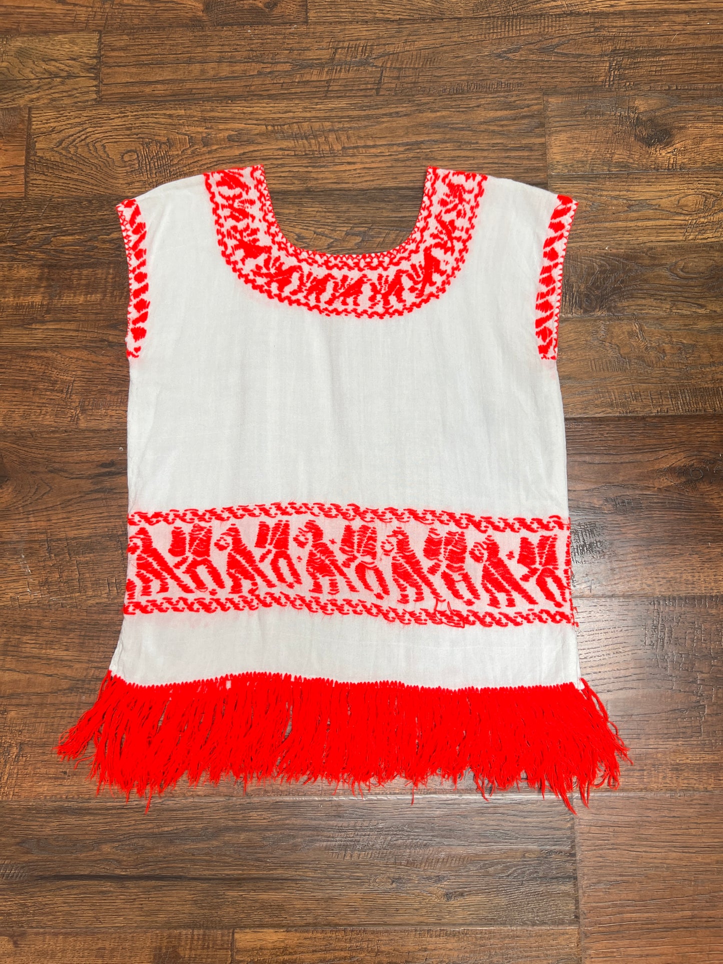 Vintage Clothing - Embroidered Tunic Top - Neon Red And White - Medium