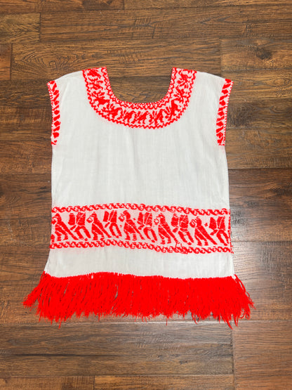 Vintage Clothing - Embroidered Tunic Top - Neon Red And White - Medium