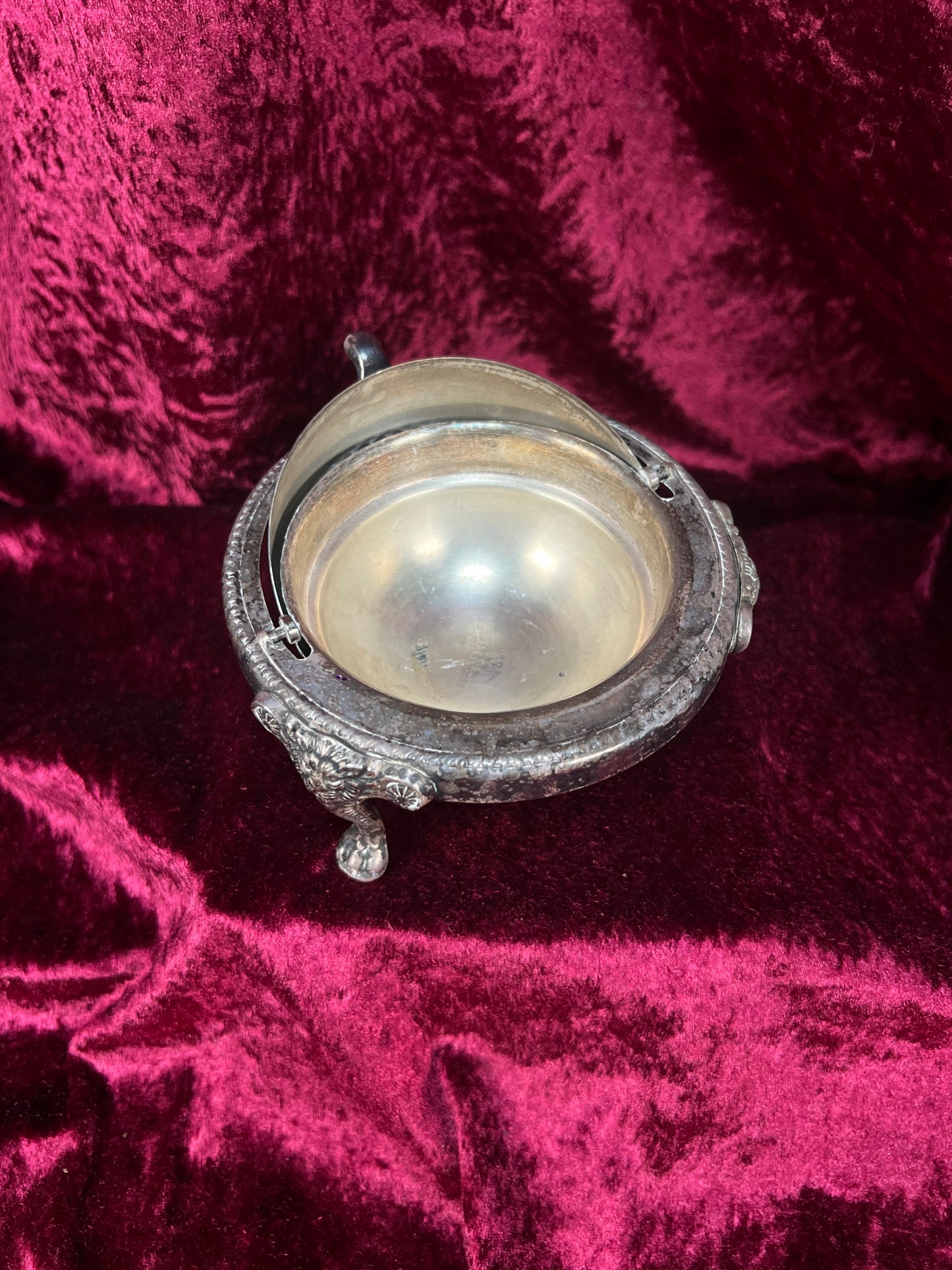 Vintage Silverplate Roll Top Caviar Butter Dish - Lion Head Feet