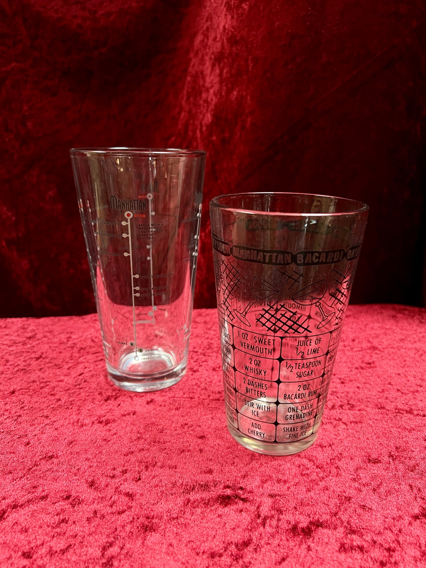 Vintage Glass Cocktail Recipe Tumbler Pair - Mismatched Mid Century Barware