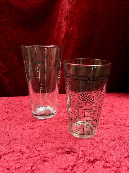 Vintage Glass Cocktail Recipe Tumbler Pair - Mismatched Mid Century Barware