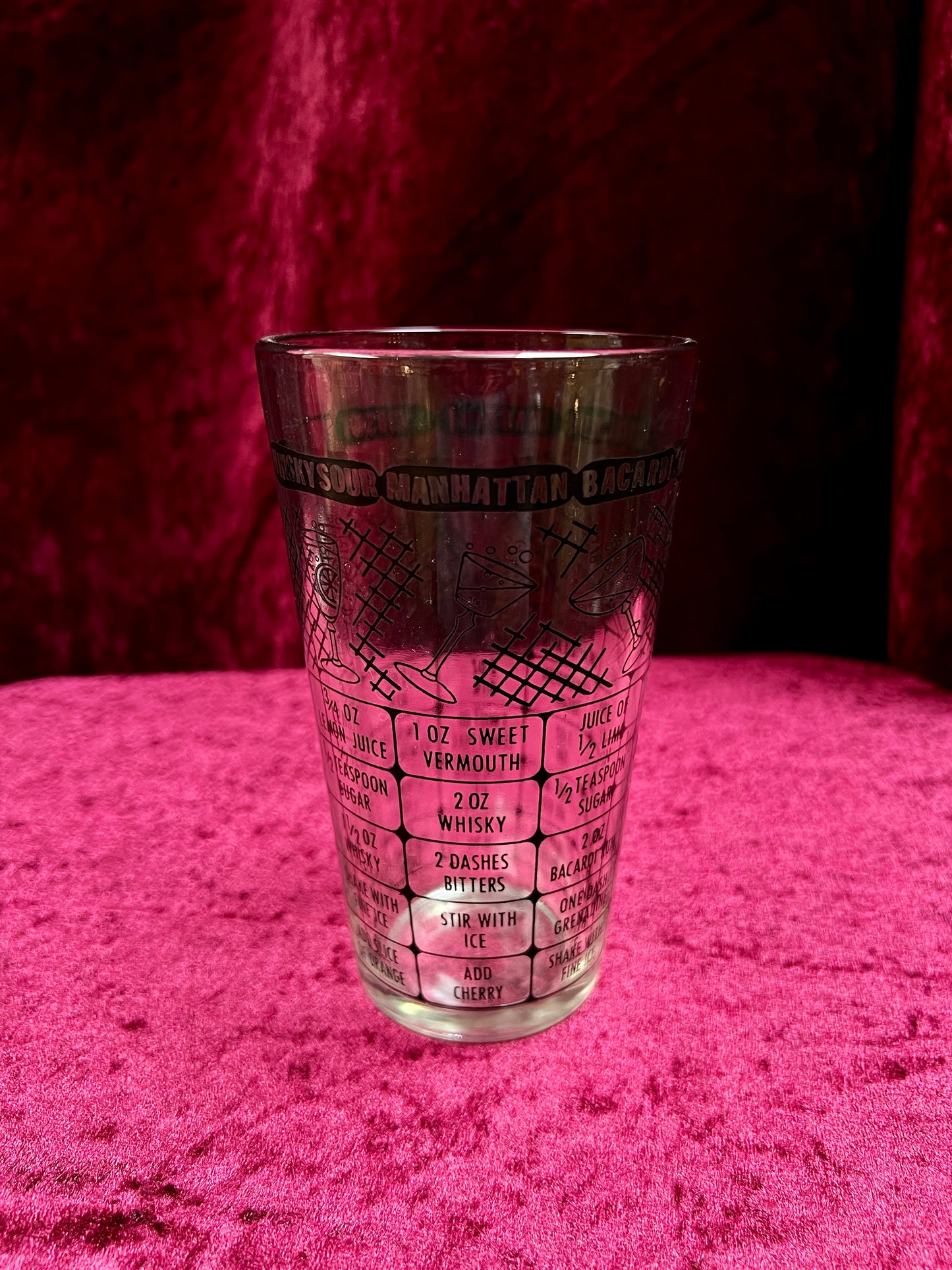 Vintage Glass Cocktail Recipe Tumbler Pair - Mismatched Mid Century Barware