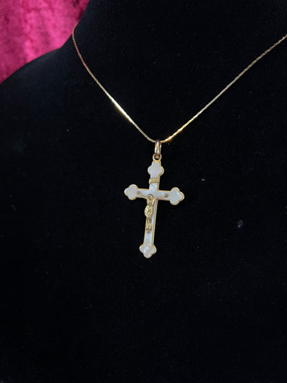 Vintage Gold Tone Cross Necklace - White Enamel Crucifix Pendant