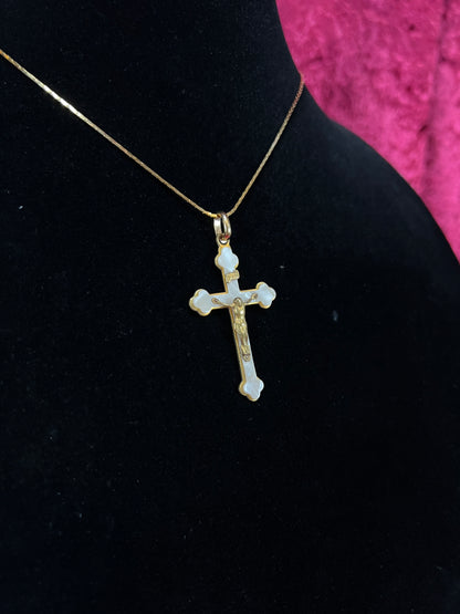 Vintage Gold Tone Cross Necklace - White Enamel Crucifix Pendant