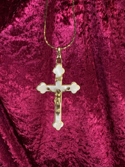 Vintage Gold Tone Cross Necklace - White Enamel Crucifix Pendant