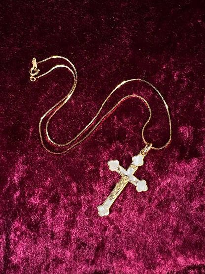 Vintage Gold Tone Cross Necklace - White Enamel Crucifix Pendant