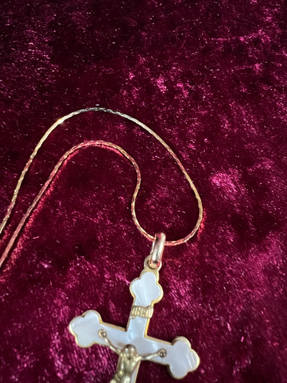 Vintage Gold Tone Cross Necklace - White Enamel Crucifix Pendant