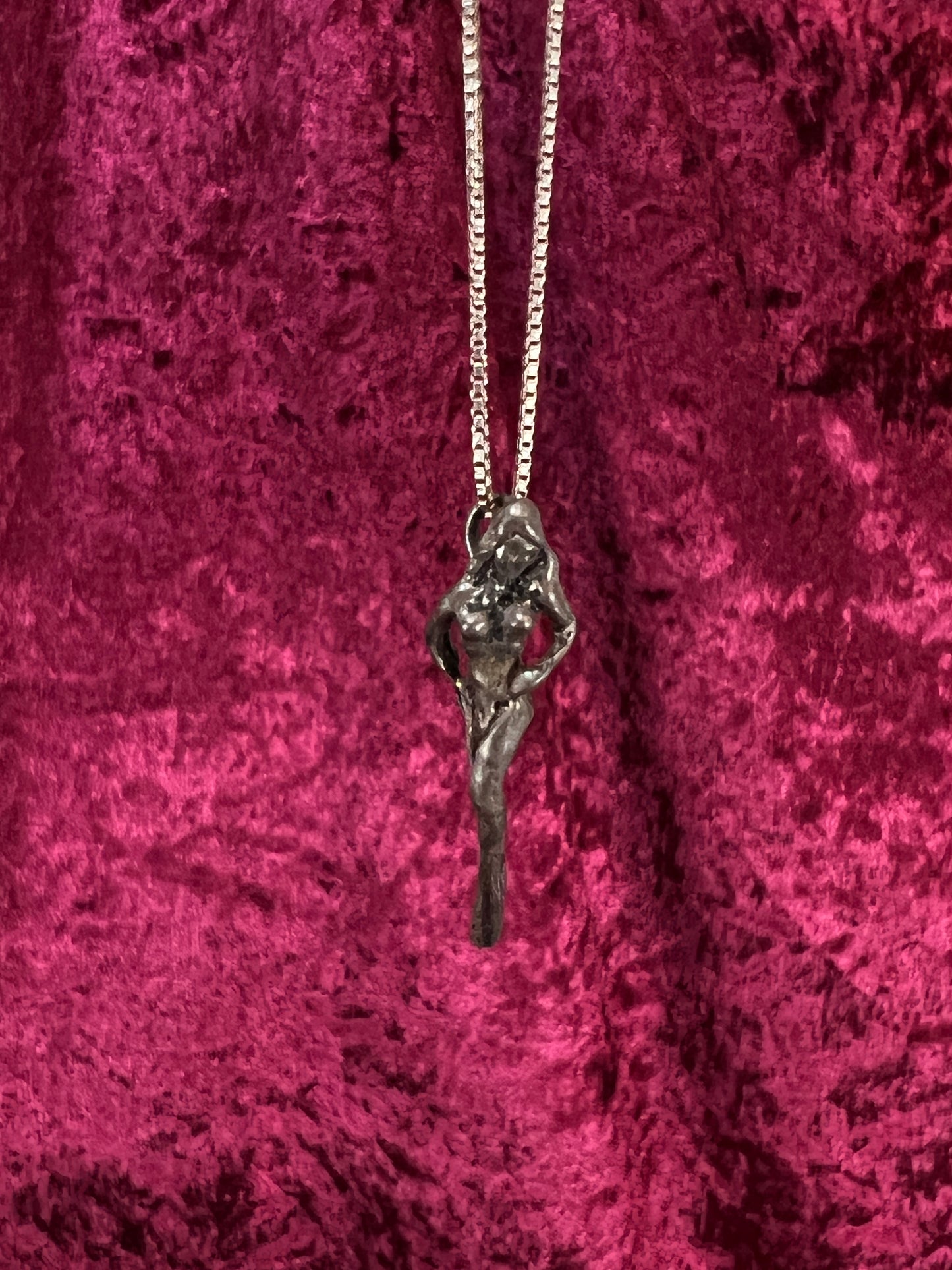 Vintage Silver Metal Necklace - Nude Goddess Figural Pendant