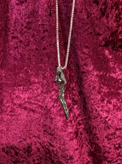 Vintage Silver Metal Necklace - Nude Goddess Figural Pendant