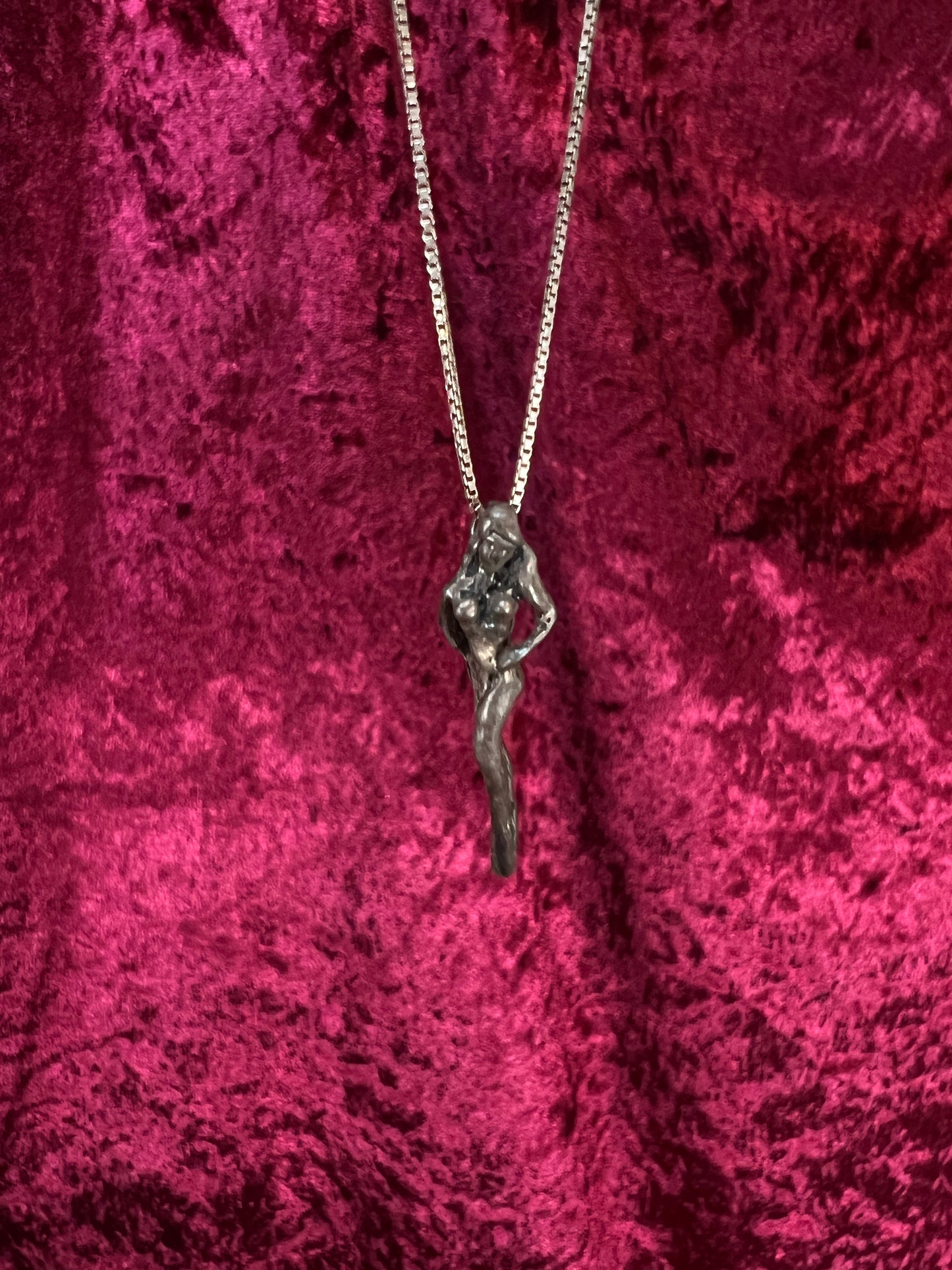 Vintage Silver Metal Necklace - Nude Goddess Figural Pendant