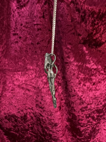 Vintage Silver Metal Necklace - Nude Goddess Figural Pendant