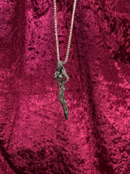 Vintage Silver Metal Necklace - Nude Goddess Figural Pendant