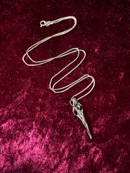 Vintage Silver Metal Necklace - Nude Goddess Figural Pendant