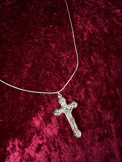 Vintage Silver Tone Necklace - Crucifix Cross Religious Pendant