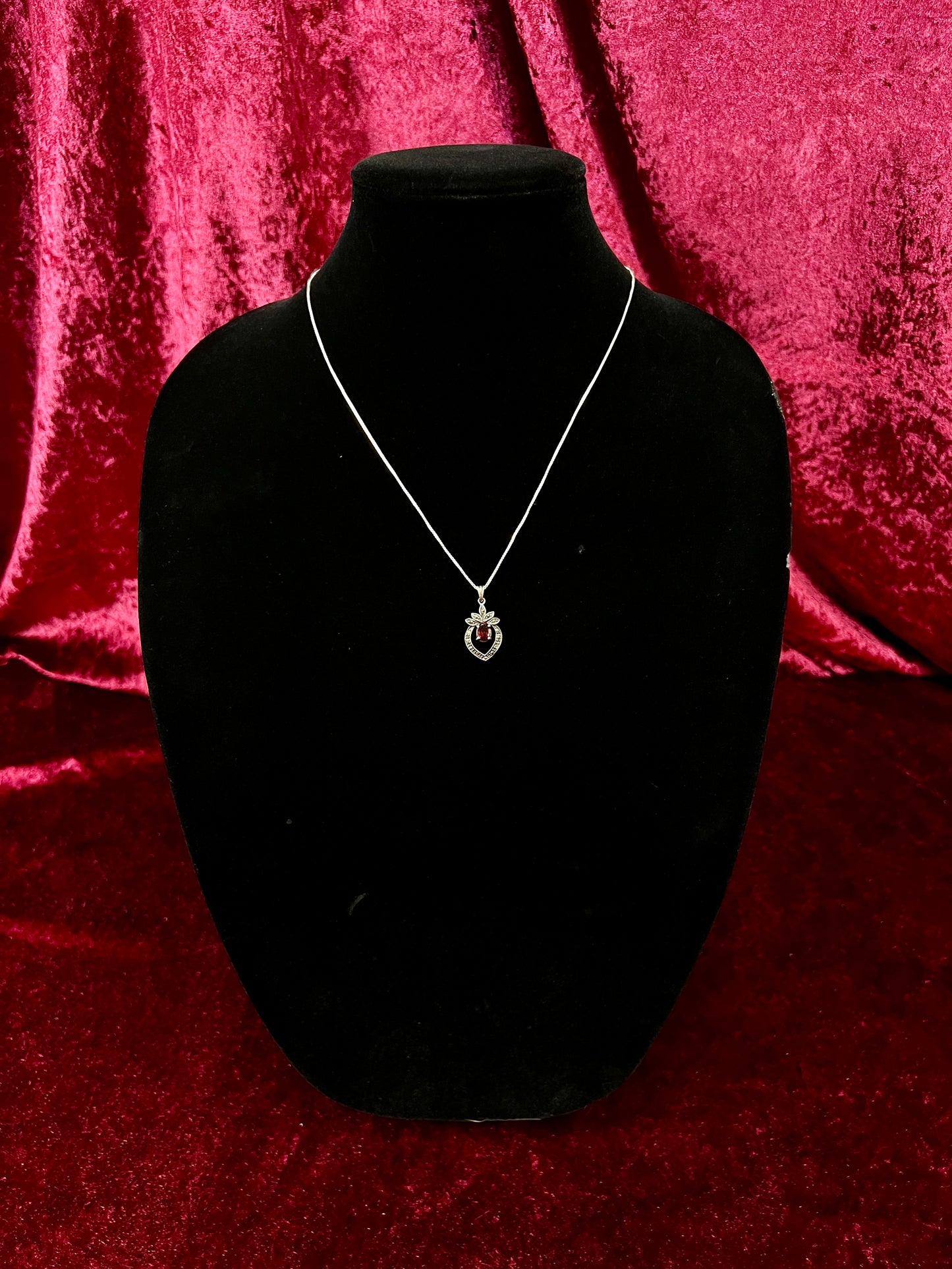 Vintage Sterling Silver Necklace - Garnet Red Heart Pendant Marcasite Accent