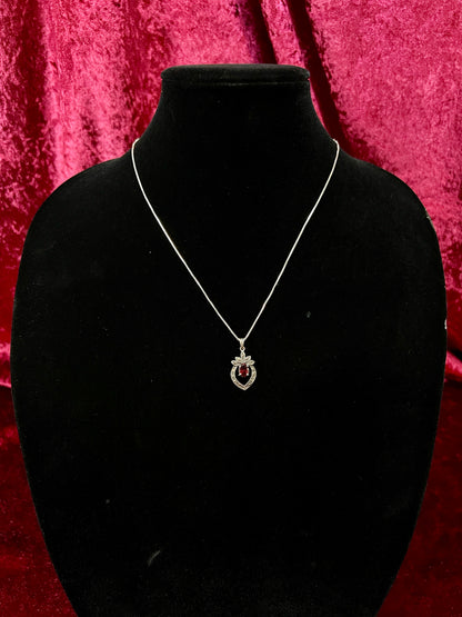 Vintage Sterling Silver Necklace - Garnet Red Heart Pendant Marcasite Accent