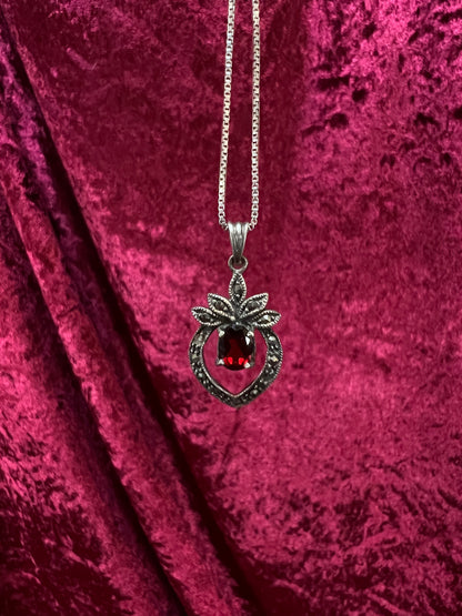 Vintage Sterling Silver Necklace - Garnet Red Heart Pendant Marcasite Accent