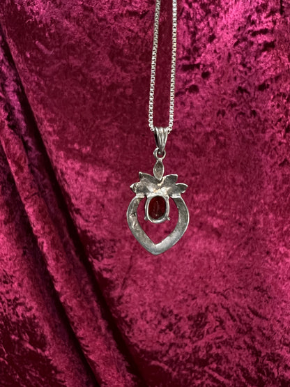 Vintage Sterling Silver Necklace - Garnet Red Heart Pendant Marcasite Accent