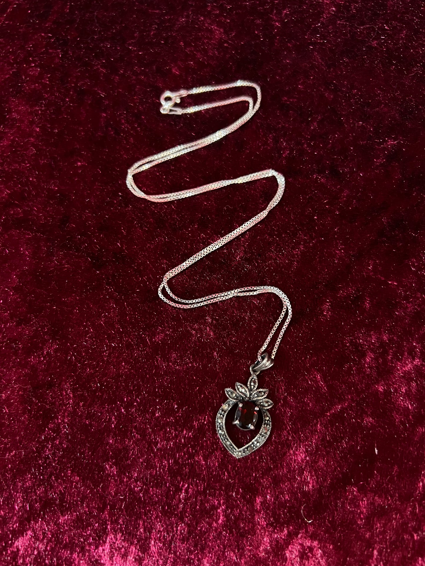 Vintage Sterling Silver Necklace - Garnet Red Heart Pendant Marcasite Accent