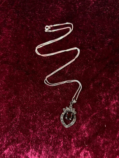 Vintage Sterling Silver Necklace - Garnet Red Heart Pendant Marcasite Accent