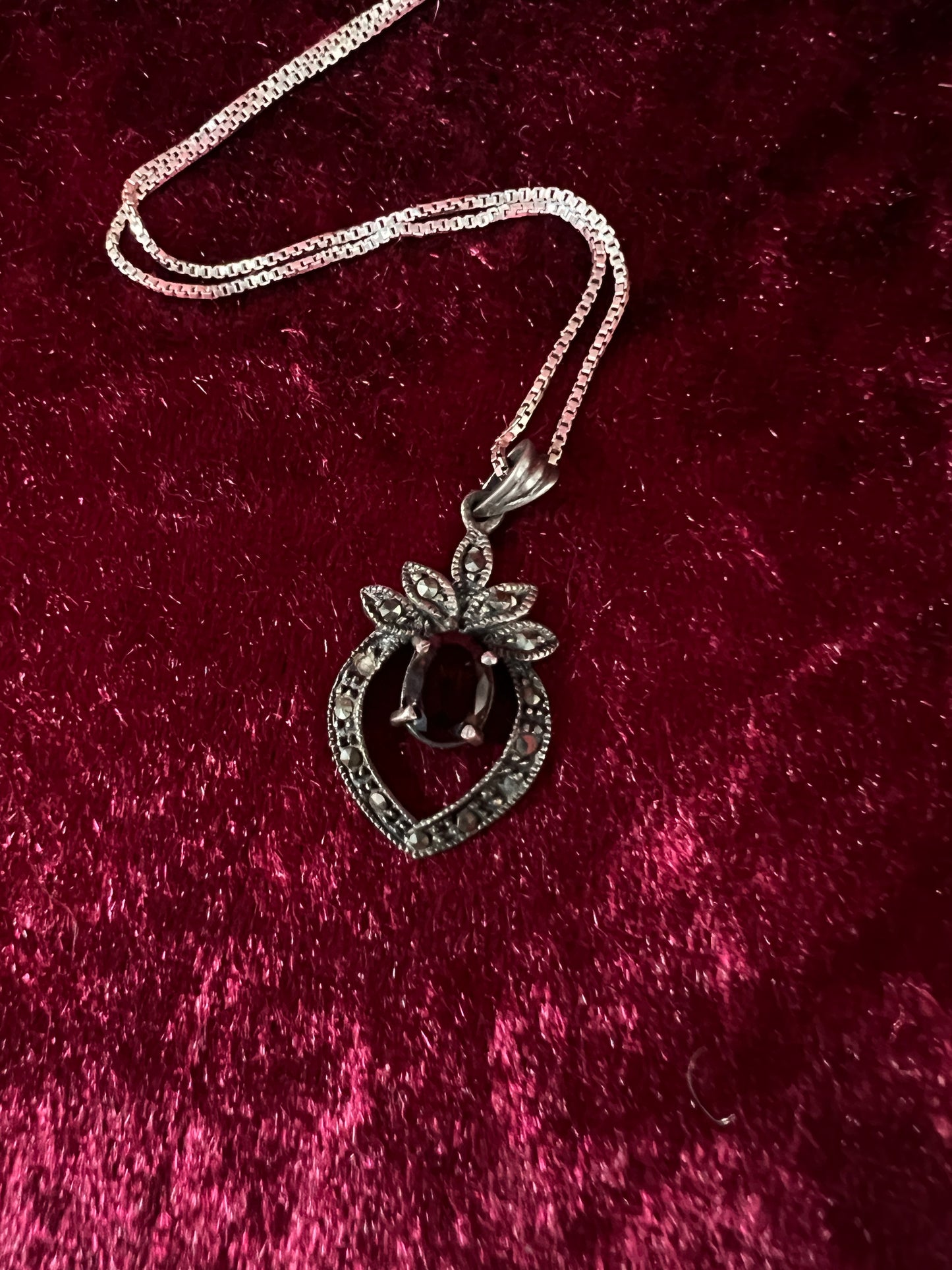 Vintage Sterling Silver Necklace - Garnet Red Heart Pendant Marcasite Accent