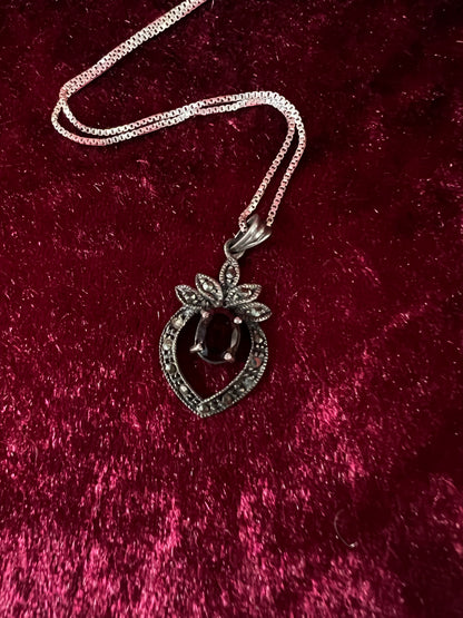 Vintage Sterling Silver Necklace - Garnet Red Heart Pendant Marcasite Accent