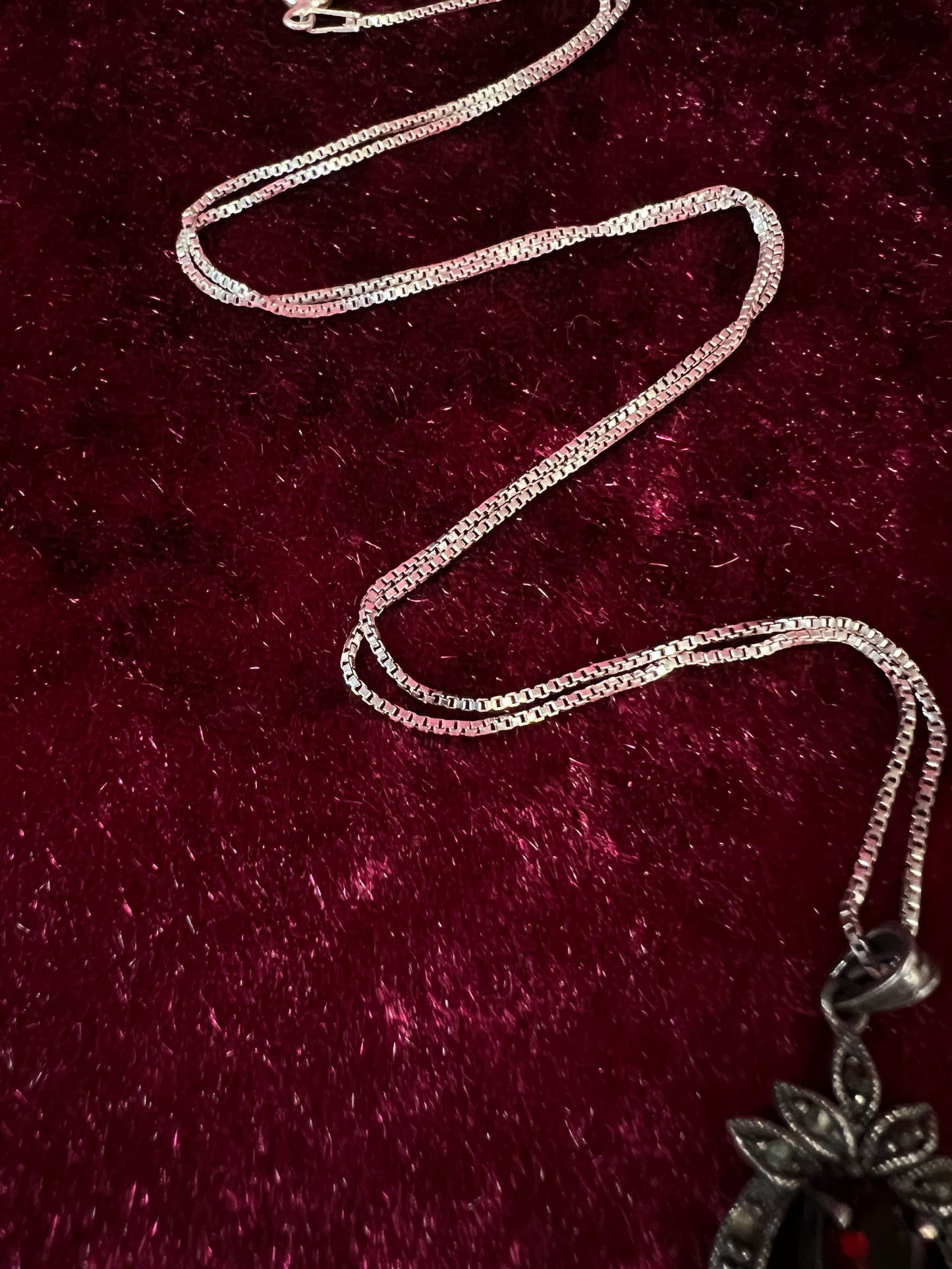 Vintage Sterling Silver Necklace - Garnet Red Heart Pendant Marcasite Accent