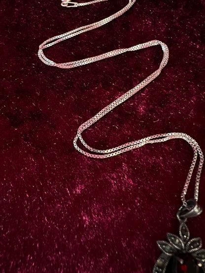 Vintage Sterling Silver Necklace - Garnet Red Heart Pendant Marcasite Accent