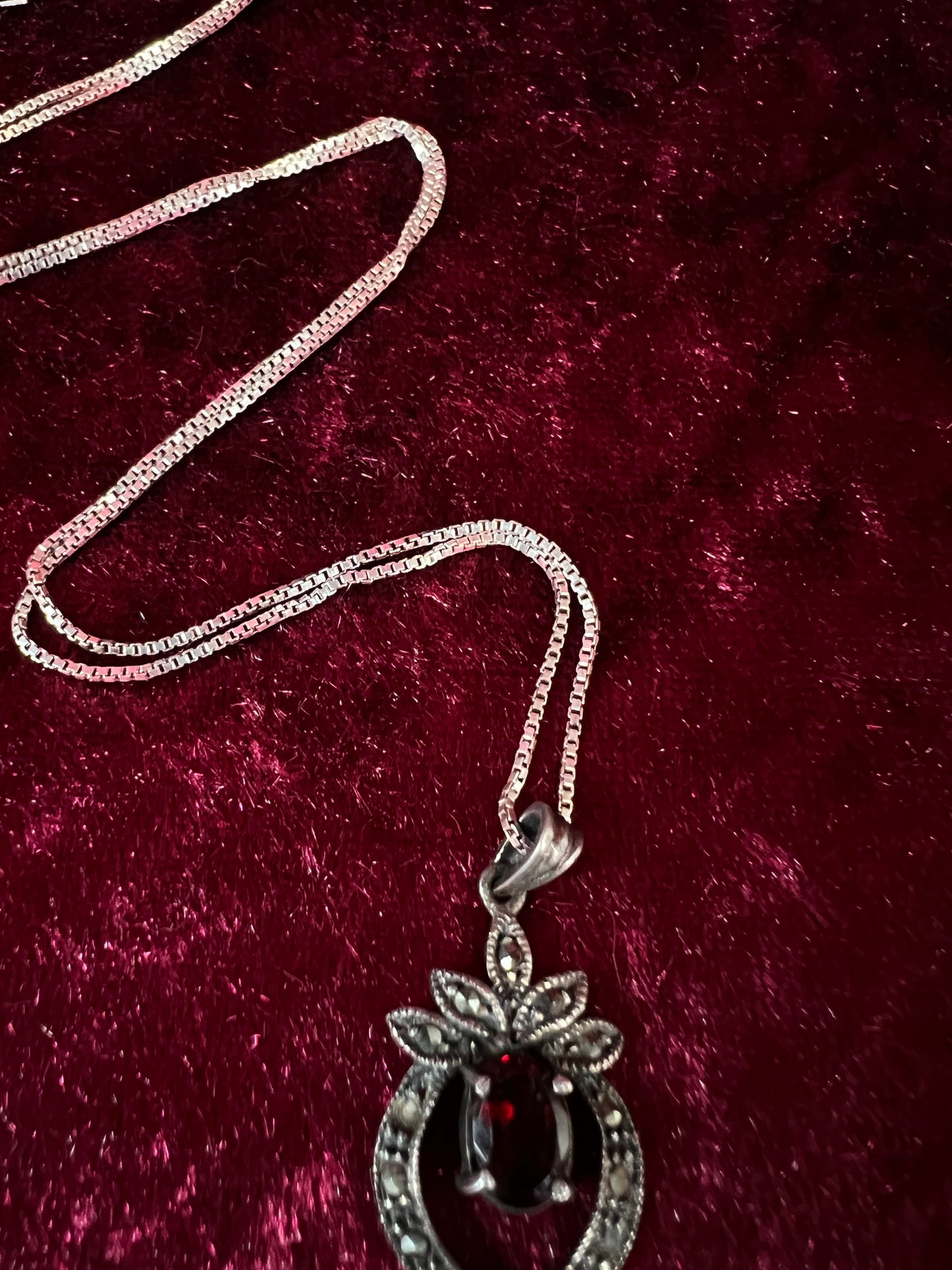 Vintage Sterling Silver Necklace - Garnet Red Heart Pendant Marcasite Accent