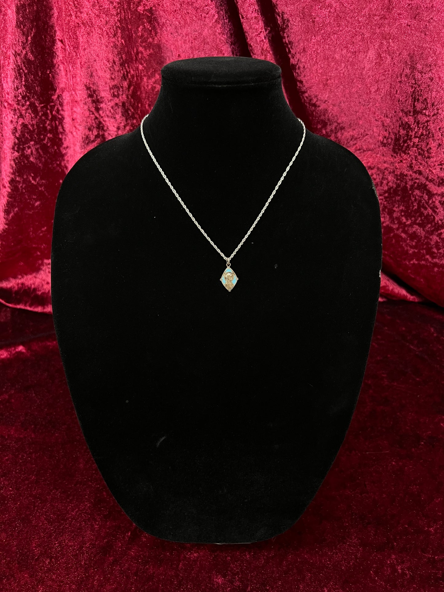 Vintage Silver Tone Religious Medal Necklace - Blue Enamel Marian Pendant