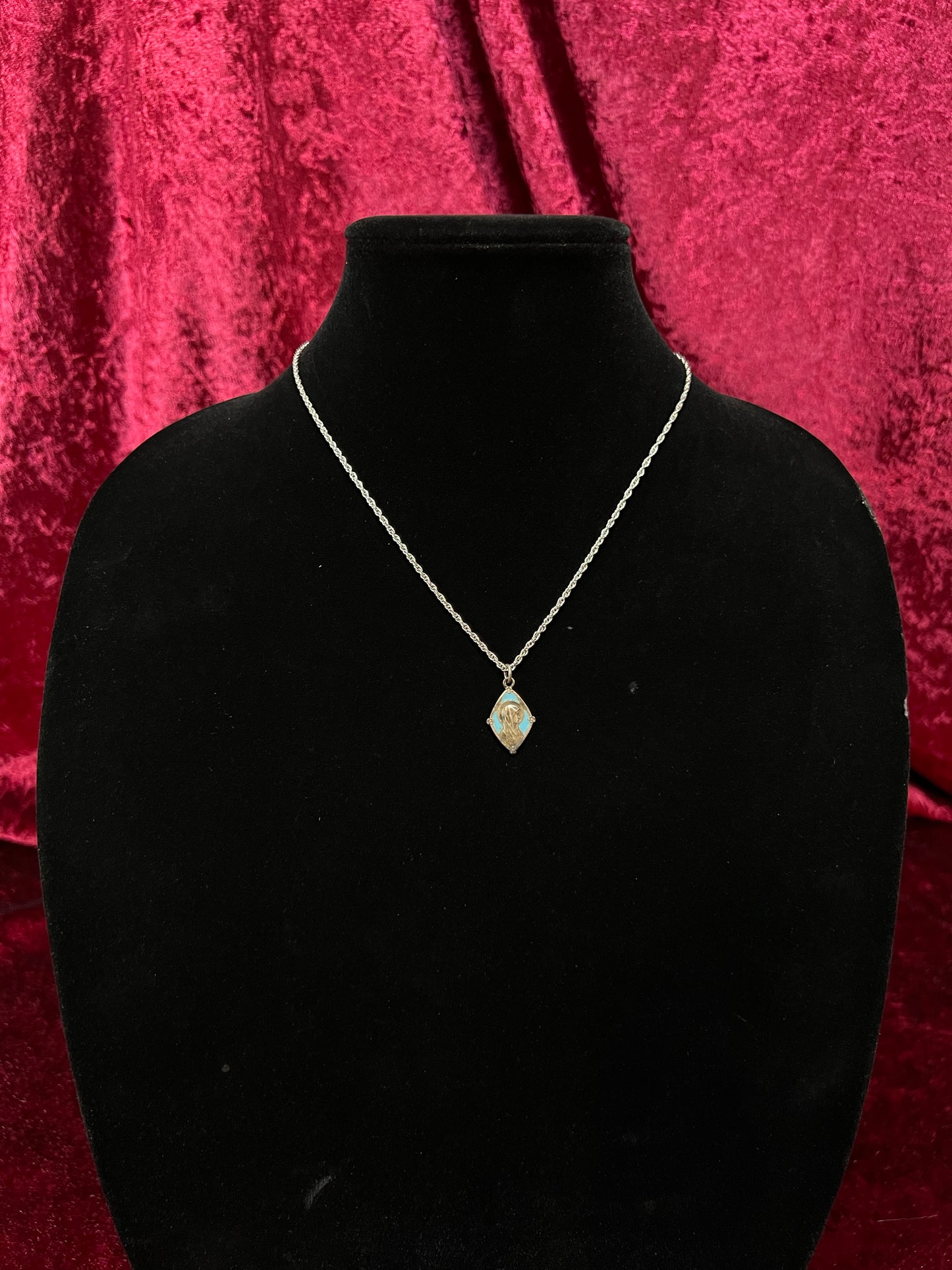 Vintage Silver Tone Religious Medal Necklace - Blue Enamel Marian Pendant