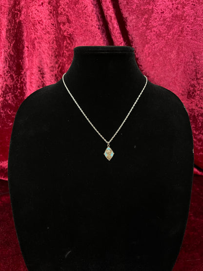 Vintage Silver Tone Religious Medal Necklace - Blue Enamel Marian Pendant
